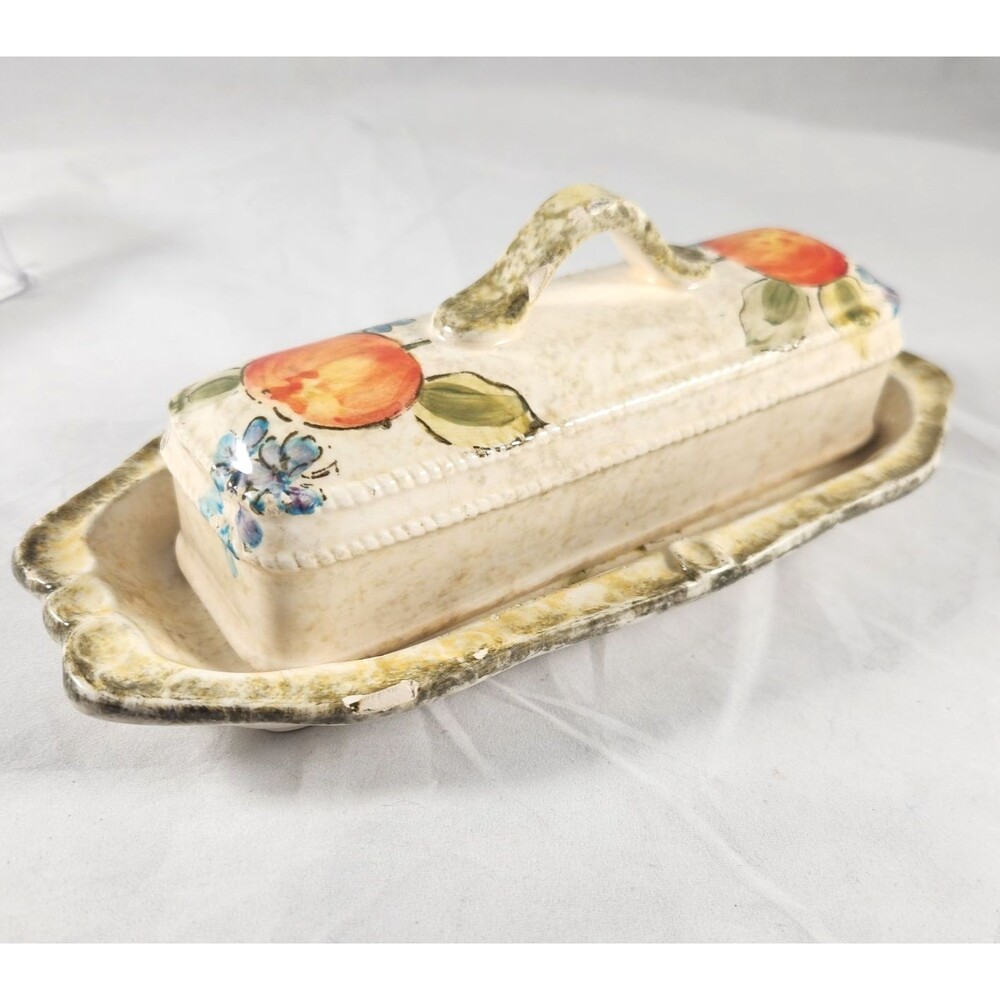 Vintage Handled Ceramic Butter Dish Pompeii Orange China Grapes Flowers